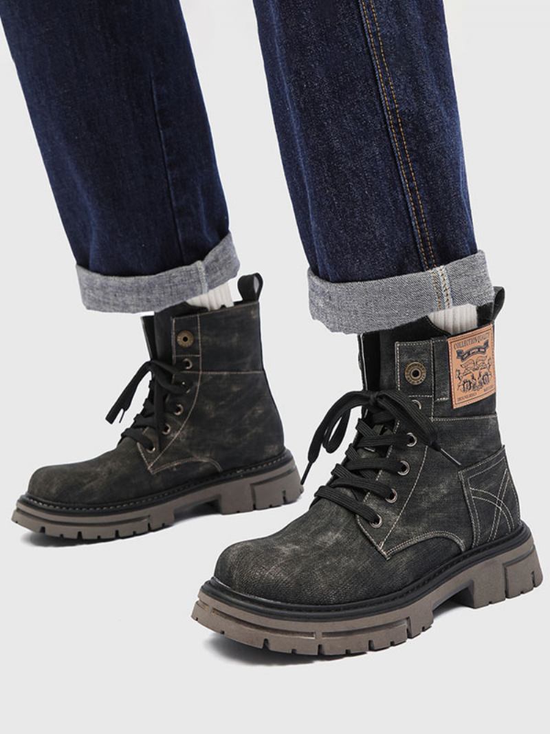 Botas Masculinas Trabalho Combate Couro Pu Com Bico Redondo - Preto