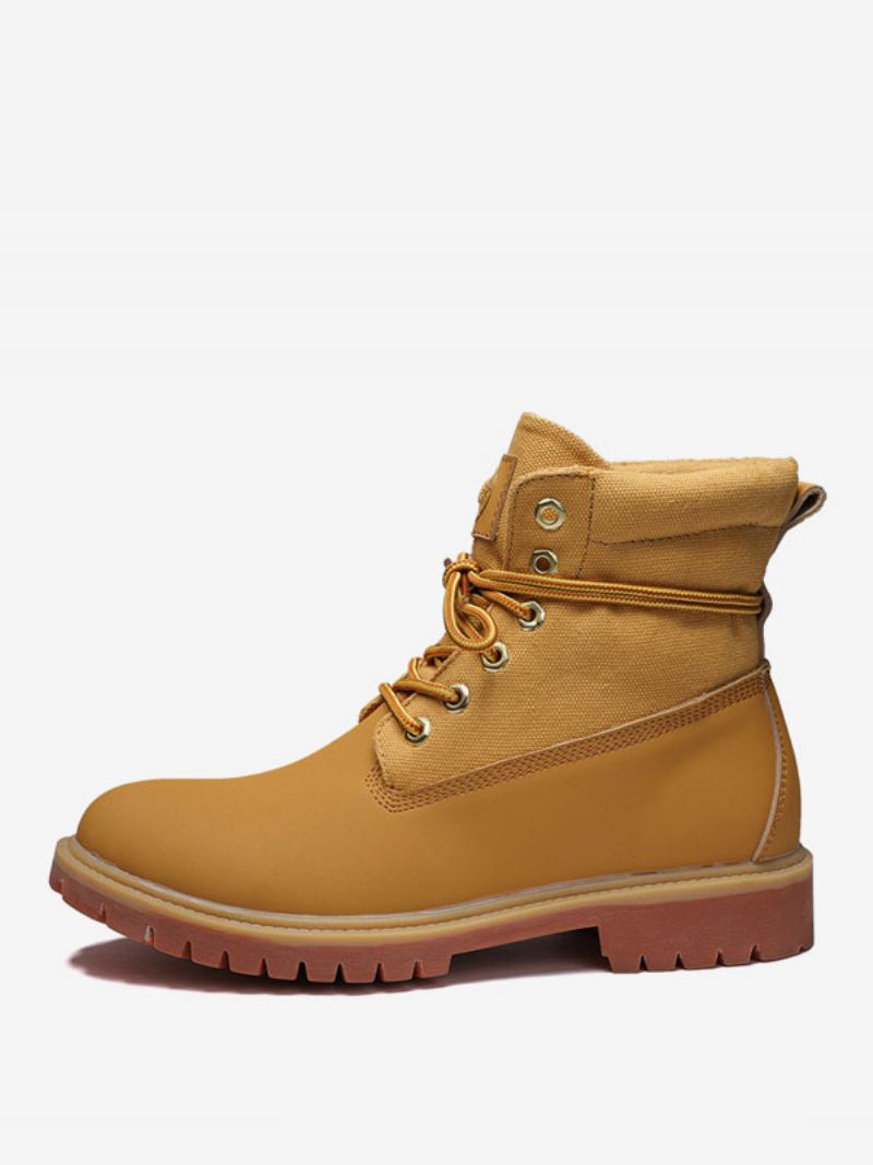 Botas Masculinas Trabalho Couro Pu Com Bico Redondo Combate Tornozelo - Amarelo