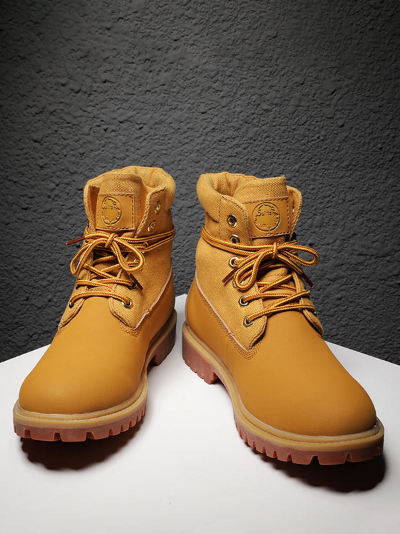 Botas Masculinas Trabalho Couro Pu Com Bico Redondo Combate Tornozelo - Amarelo