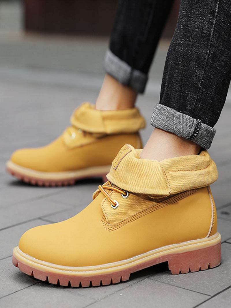 Botas Masculinas Trabalho Couro Pu Com Bico Redondo Combate Tornozelo - Amarelo