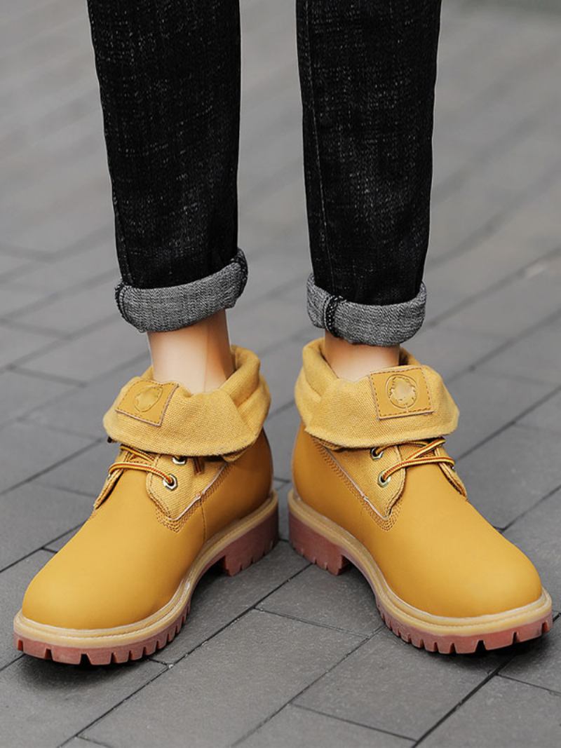 Botas Masculinas Trabalho Couro Pu Com Bico Redondo Combate Tornozelo - Amarelo