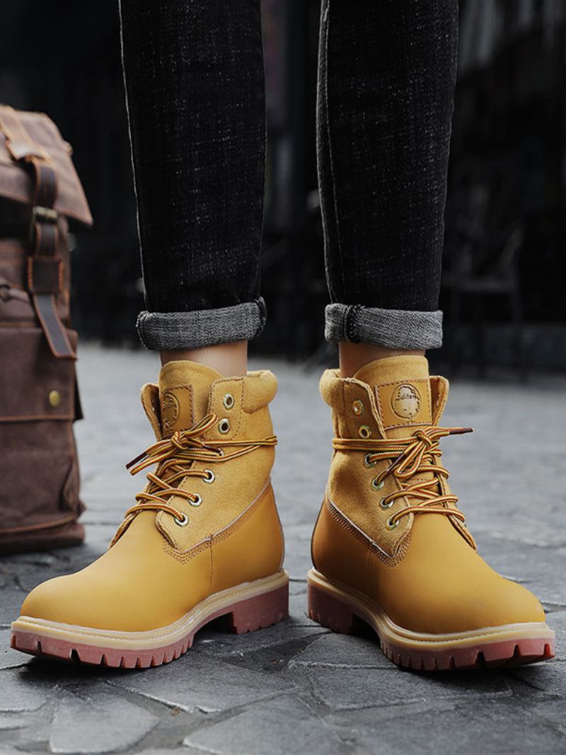 Botas Masculinas Trabalho Couro Pu Com Bico Redondo Combate Tornozelo - Amarelo