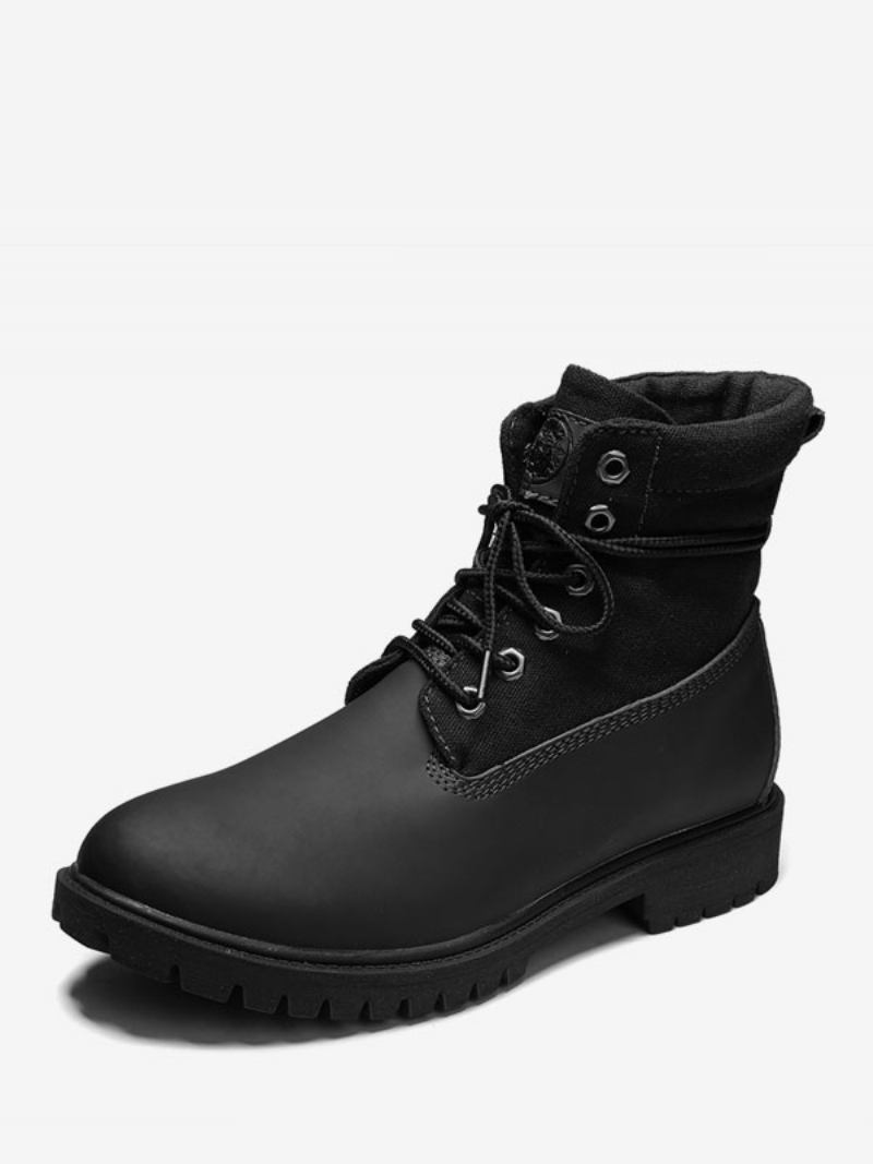 Botas Masculinas Trabalho Couro Pu Com Bico Redondo Combate Tornozelo - Preto