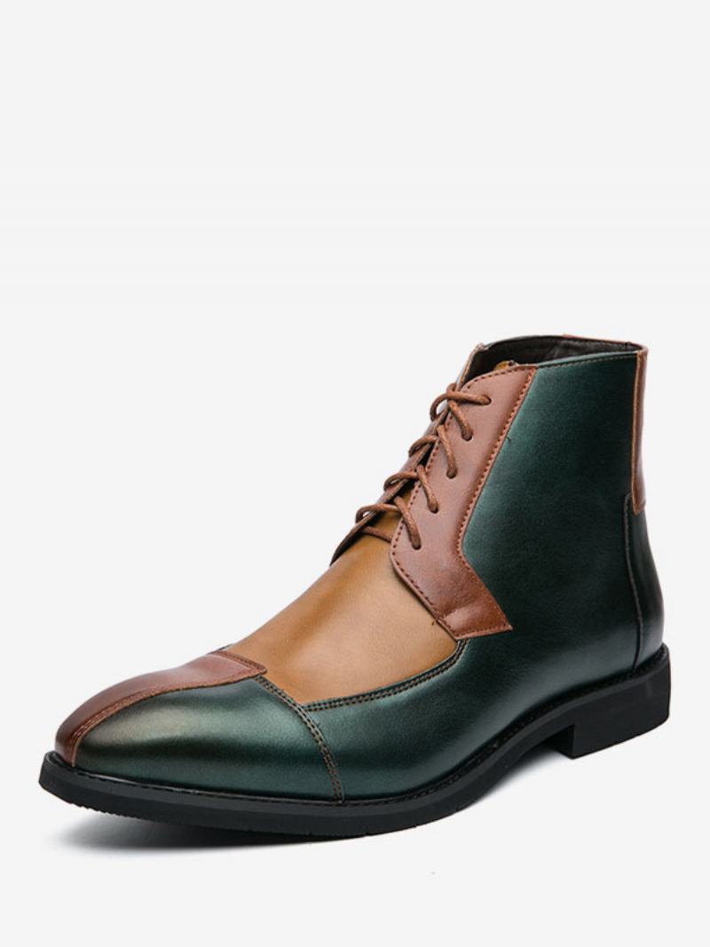 Botas Masculinas Trabalho Couro Pu Com Bico Redondo E Bloco Colorido - Verde