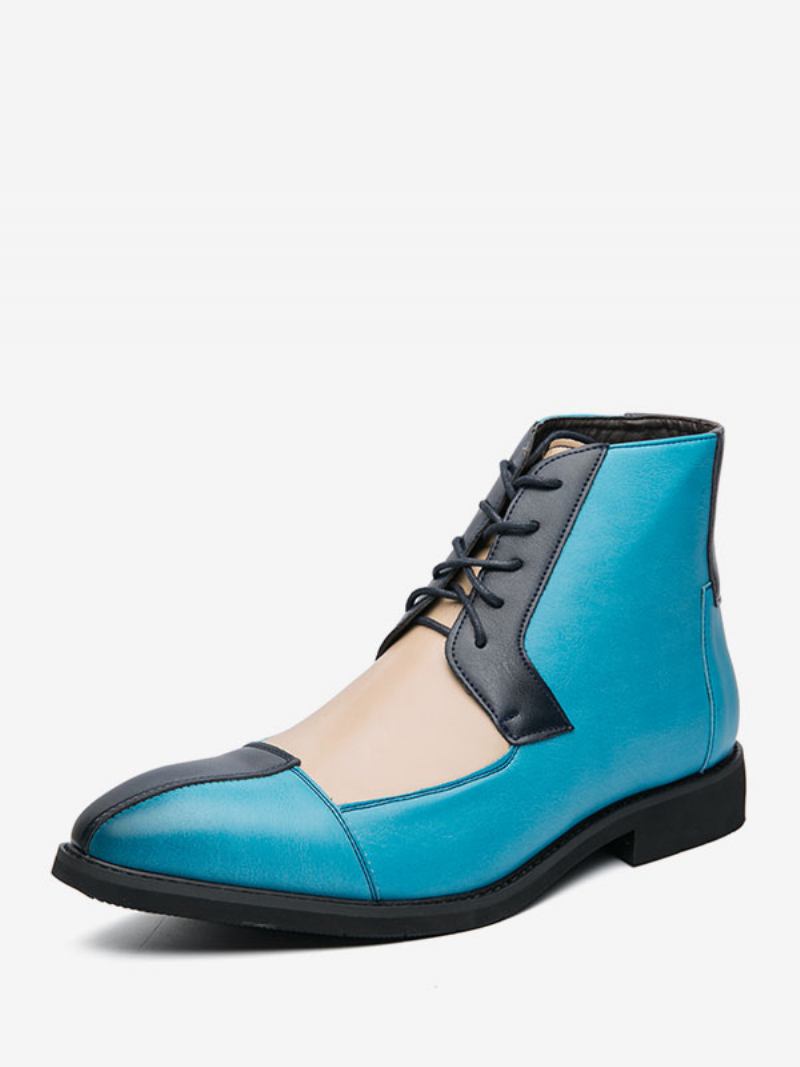 Botas Masculinas Trabalho Couro Pu Com Bico Redondo E Bloco Colorido - Azul