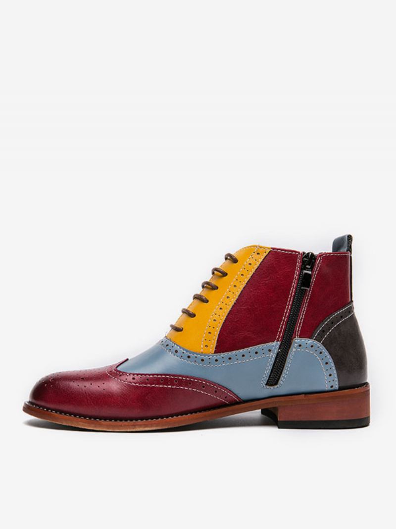 Botas Masculinas Trabalho Couro Pu Com Bico Redondo E Bloco Cores - Vermelho