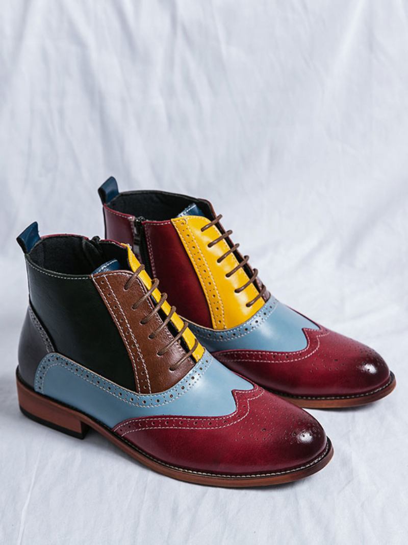 Botas Masculinas Trabalho Couro Pu Com Bico Redondo E Bloco Cores - Vermelho