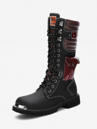 Botas Masculinas Trabalho Couro Pu Dedo Redondo Combate Fivelas Steampunk Joelho Altas