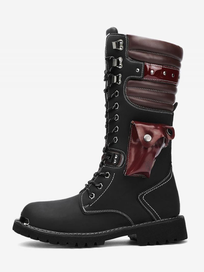 Botas Masculinas Trabalho Couro Pu Dedo Redondo Combate Fivelas Steampunk Joelho Altas - Preto