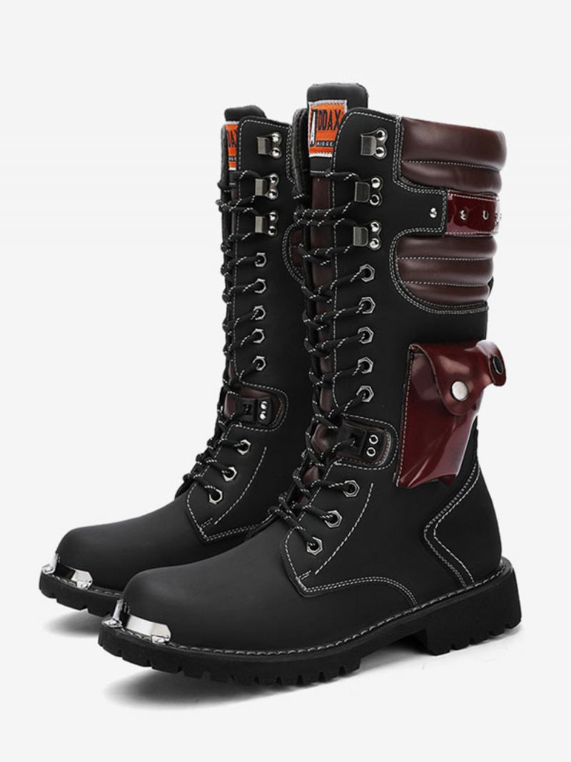 Botas Masculinas Trabalho Couro Pu Dedo Redondo Combate Fivelas Steampunk Joelho Altas - Preto