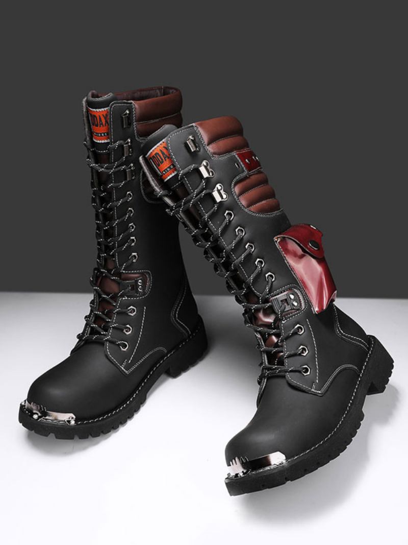 Botas Masculinas Trabalho Couro Pu Dedo Redondo Combate Fivelas Steampunk Joelho Altas - Preto