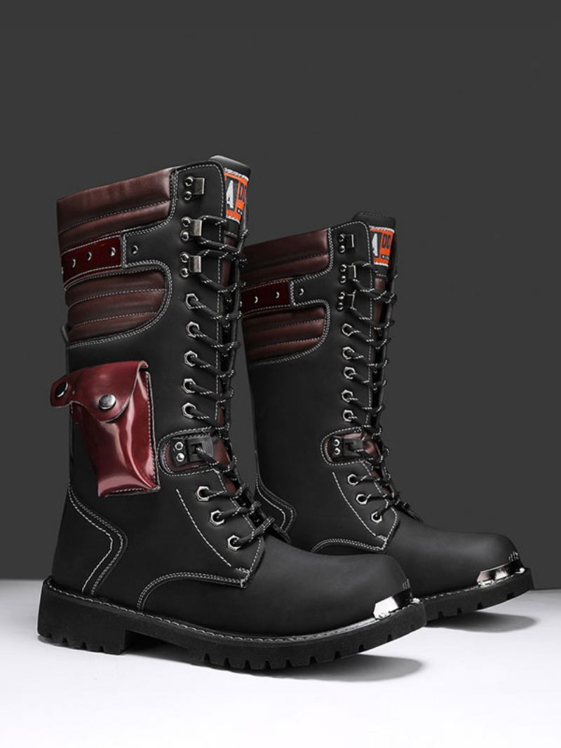 Botas Masculinas Trabalho Couro Pu Dedo Redondo Combate Fivelas Steampunk Joelho Altas - Preto