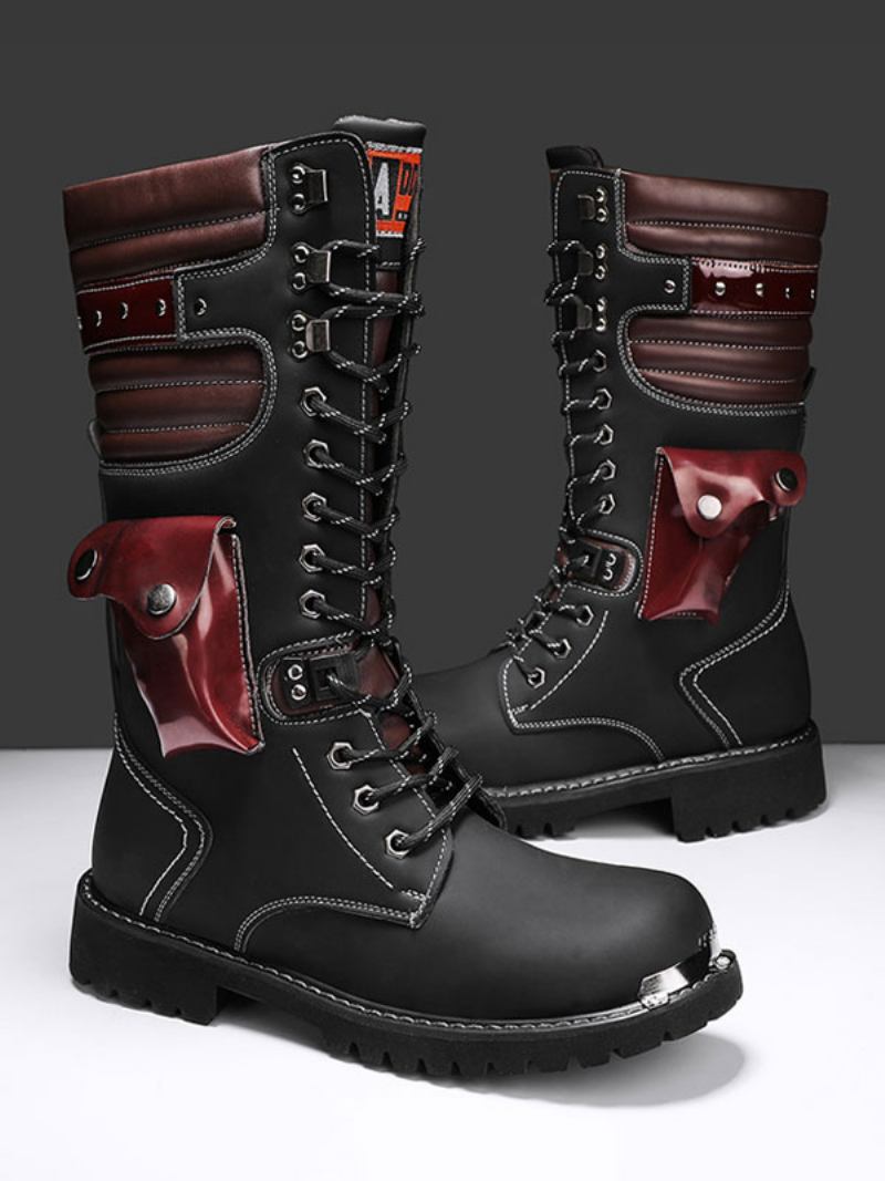 Botas Masculinas Trabalho Couro Pu Dedo Redondo Combate Fivelas Steampunk Joelho Altas - Preto