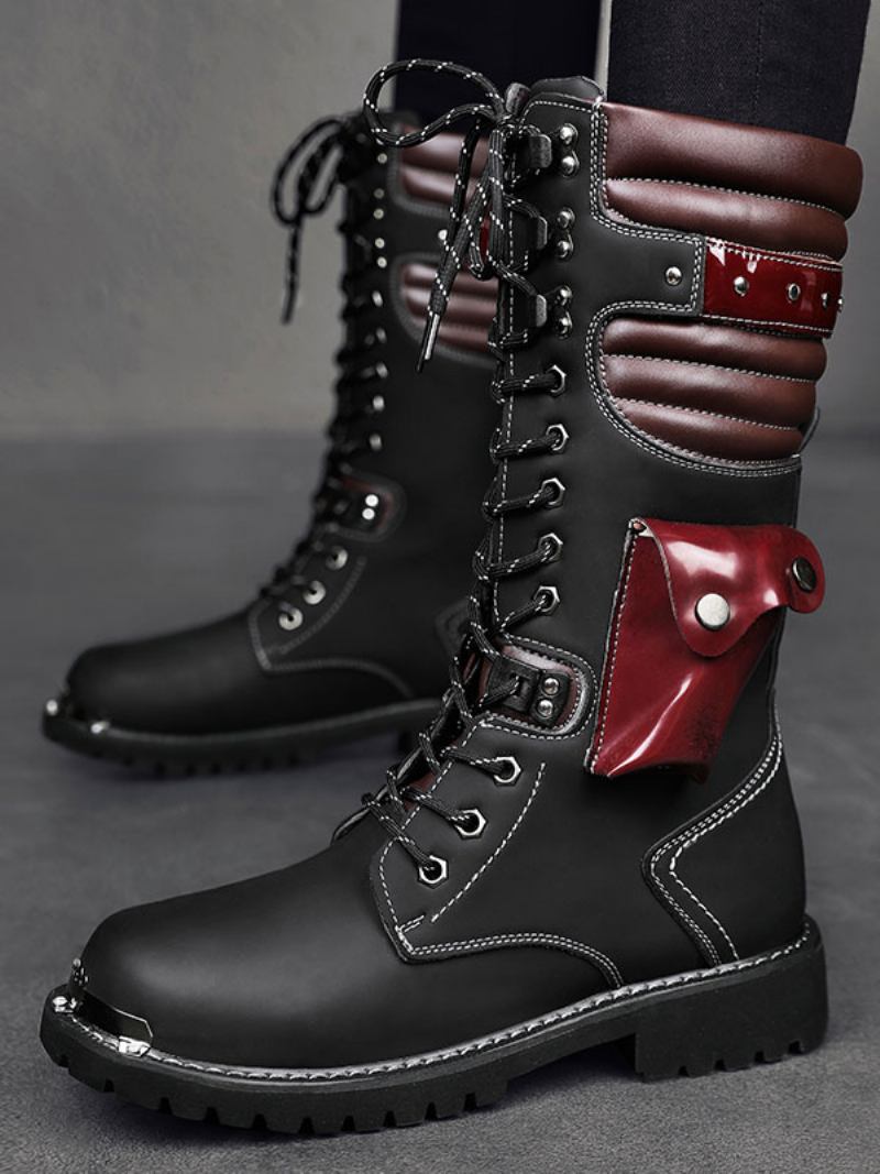 Botas Masculinas Trabalho Couro Pu Dedo Redondo Combate Fivelas Steampunk Joelho Altas - Preto