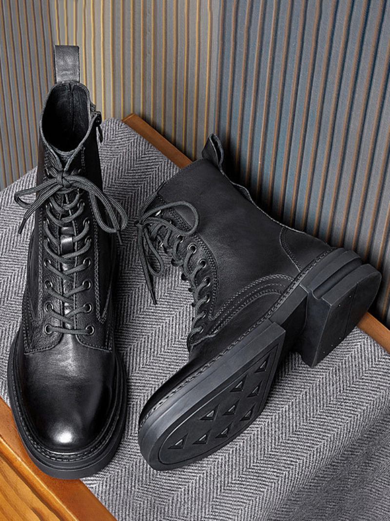 Botas Masculinas Trabalho Martin Couro Bovino Preto Com Bico Redondo E Militares Combate - Preto