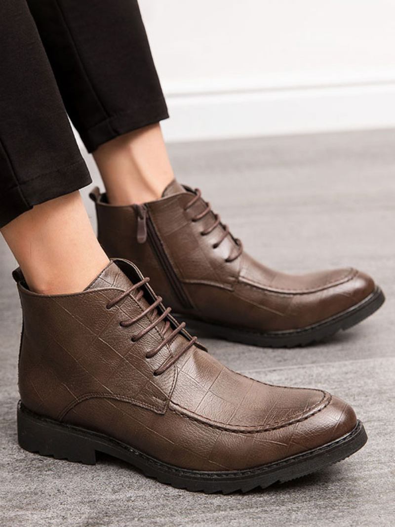 Botas Masculinas Trabalho Oxford Couro Pu Com Bico Redondo - Café Marrom