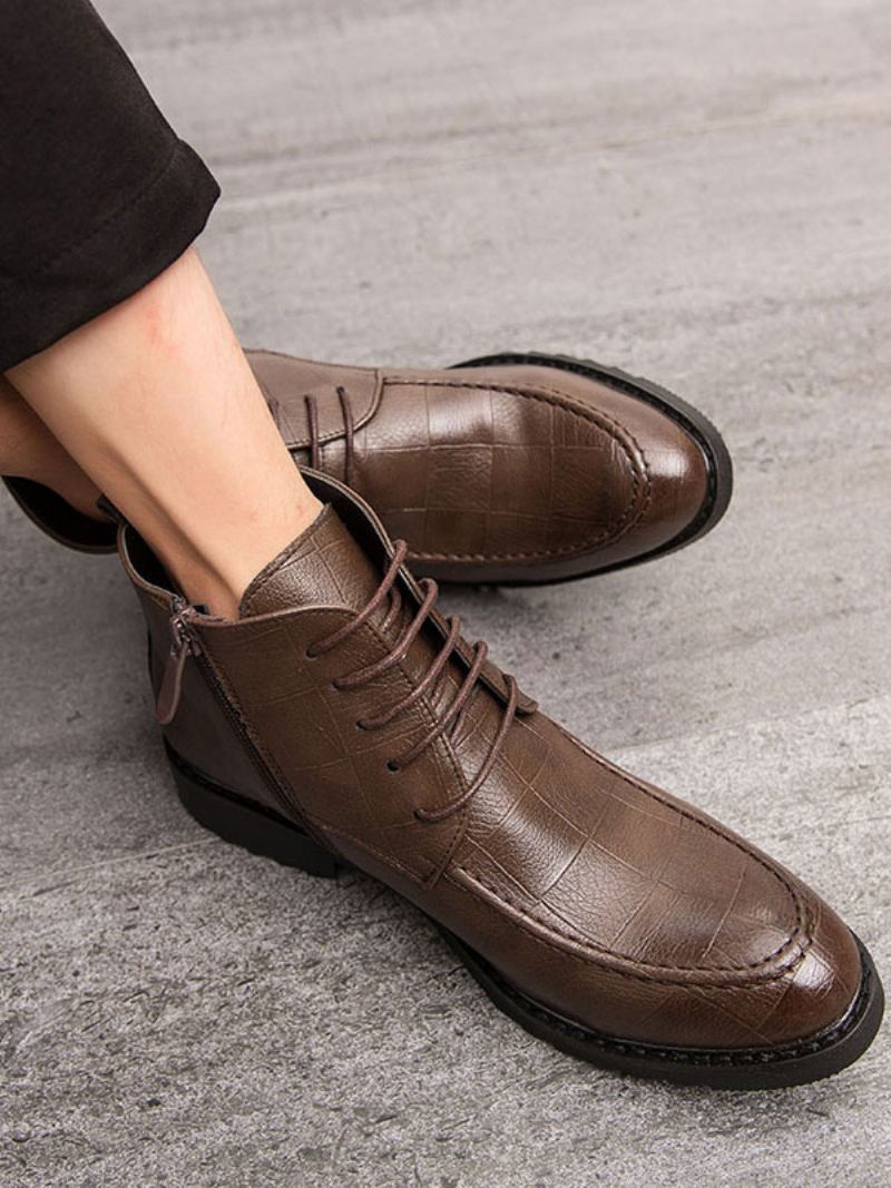 Botas Masculinas Trabalho Oxford Couro Pu Com Bico Redondo - Café Marrom