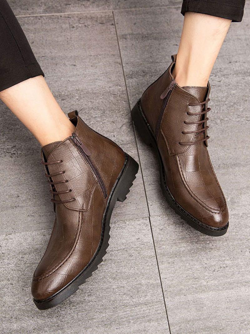 Botas Masculinas Trabalho Oxford Couro Pu Com Bico Redondo - Café Marrom