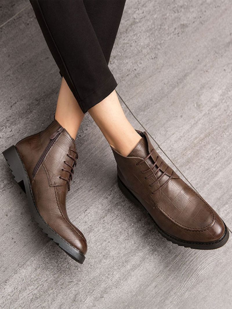 Botas Masculinas Trabalho Oxford Couro Pu Com Bico Redondo - Café Marrom