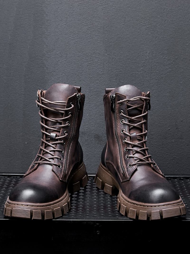 Botas Masculinas Veludo Para Motocicleta Martin Retrô Britânicas Cano Alto Bico Redondo Com Cadarço Combate - Café Marrom