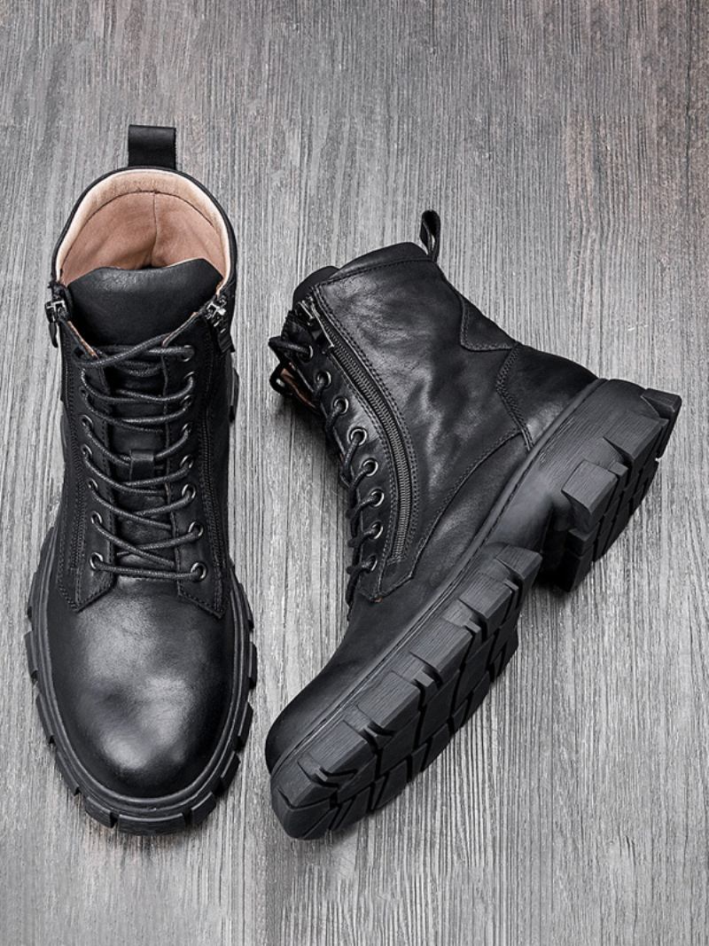 Botas Masculinas Veludo Para Motocicleta Martin Retrô Britânicas Cano Alto Bico Redondo Com Cadarço Combate - Preto