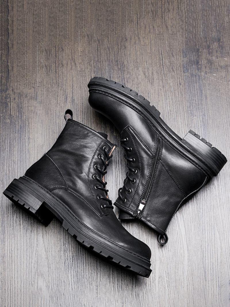 Botas Masculinas Veludo Para Motocicleta Martin Retrô Britânicas Cano Alto Bico Redondo Com Cadarço Combate - Preto