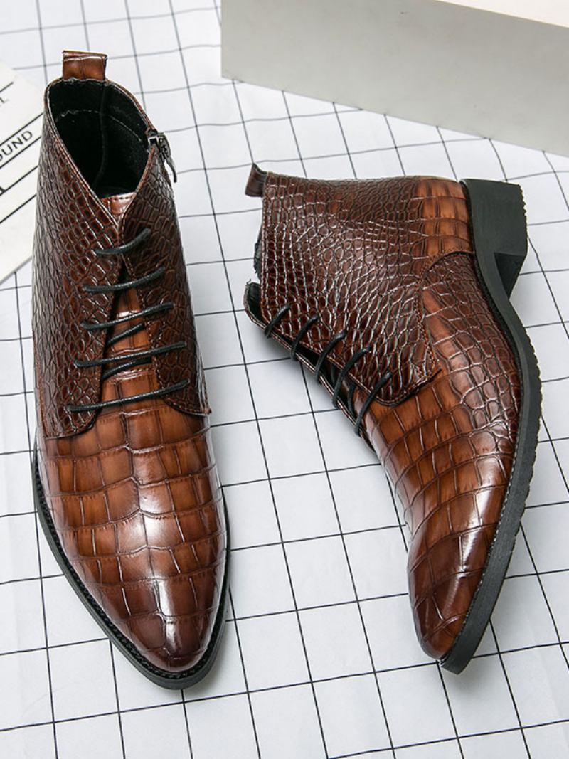 Botas Oxford Masculinas Com Cadarço E Crocodilo Em Relevo - Café Marrom