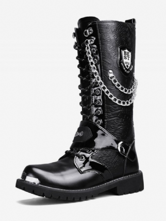 Botas Trabalho Masculinas Até O Joelho Couro Pu Bico Redondo Combate Fivelas Correntes Mentais Steampunk