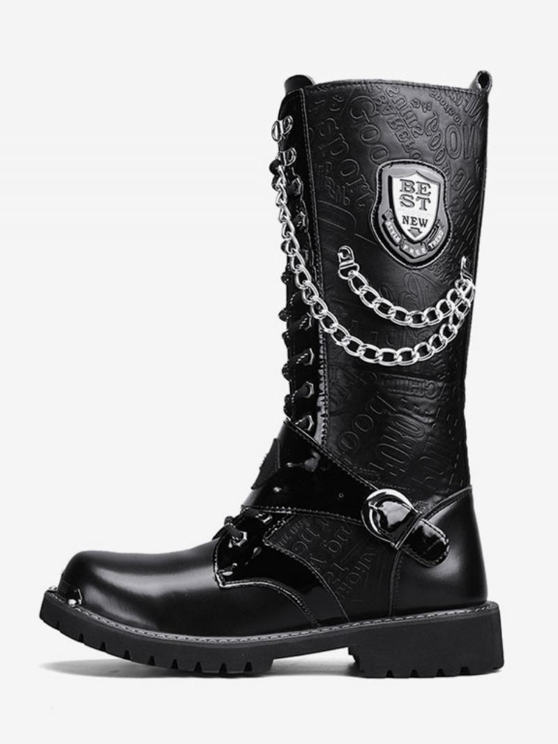 Botas Trabalho Masculinas Até O Joelho Couro Pu Bico Redondo Combate Fivelas Correntes Mentais Steampunk - Preto