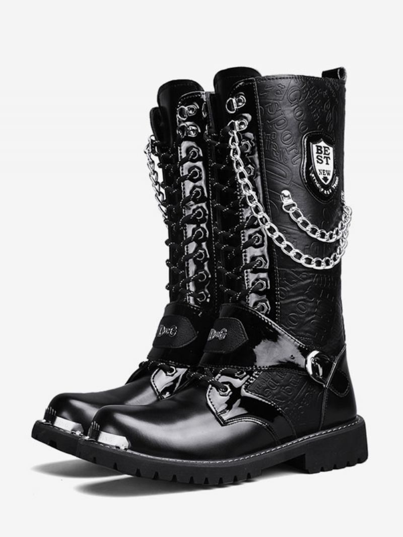 Botas Trabalho Masculinas Até O Joelho Couro Pu Bico Redondo Combate Fivelas Correntes Mentais Steampunk - Preto