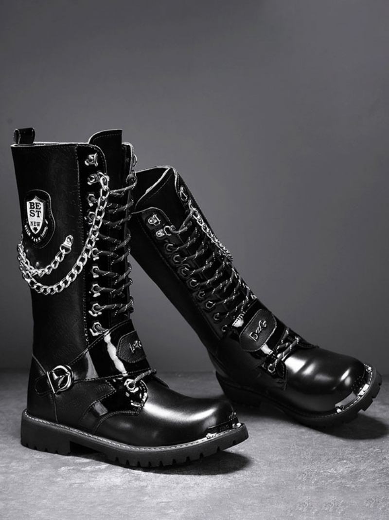 Botas Trabalho Masculinas Até O Joelho Couro Pu Bico Redondo Combate Fivelas Correntes Mentais Steampunk - Preto