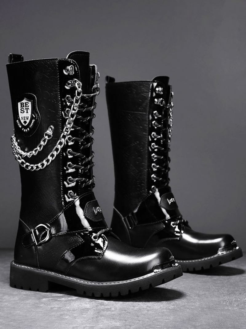 Botas Trabalho Masculinas Até O Joelho Couro Pu Bico Redondo Combate Fivelas Correntes Mentais Steampunk - Preto