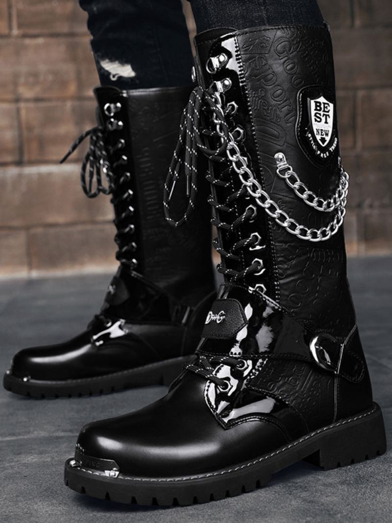 Botas Trabalho Masculinas Até O Joelho Couro Pu Bico Redondo Combate Fivelas Correntes Mentais Steampunk - Preto