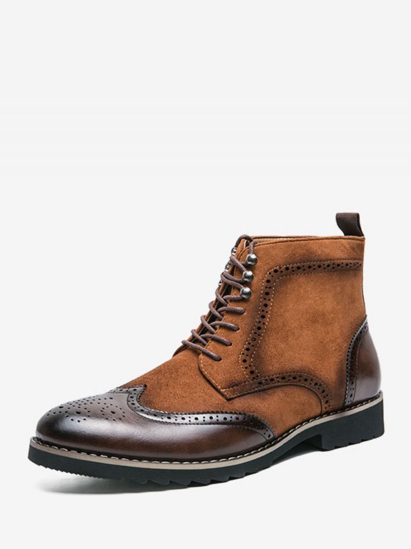 Botas Trabalho Masculinas Café Marrom Couro Pu Bico Redondo Combate Festa Baile