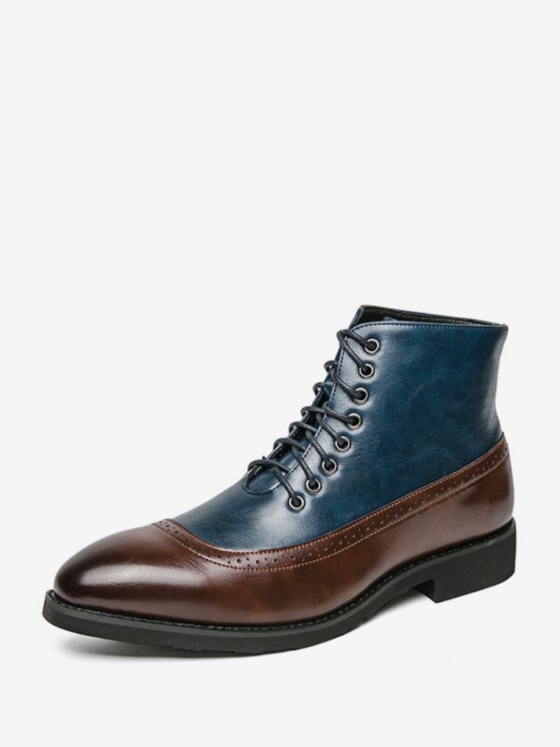 Botas Trabalho Masculinas Combate Couro Pu Azul Com Bico Redondo