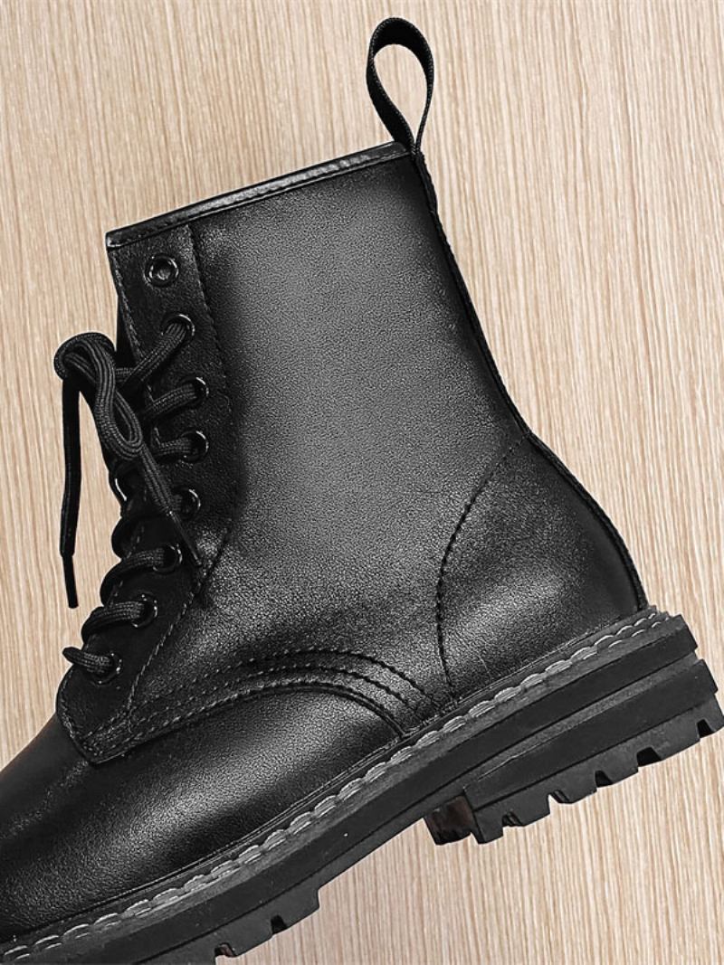 Botas Trabalho Masculinas Combate Couro Pu Preto Com Bico Redondo - Preto