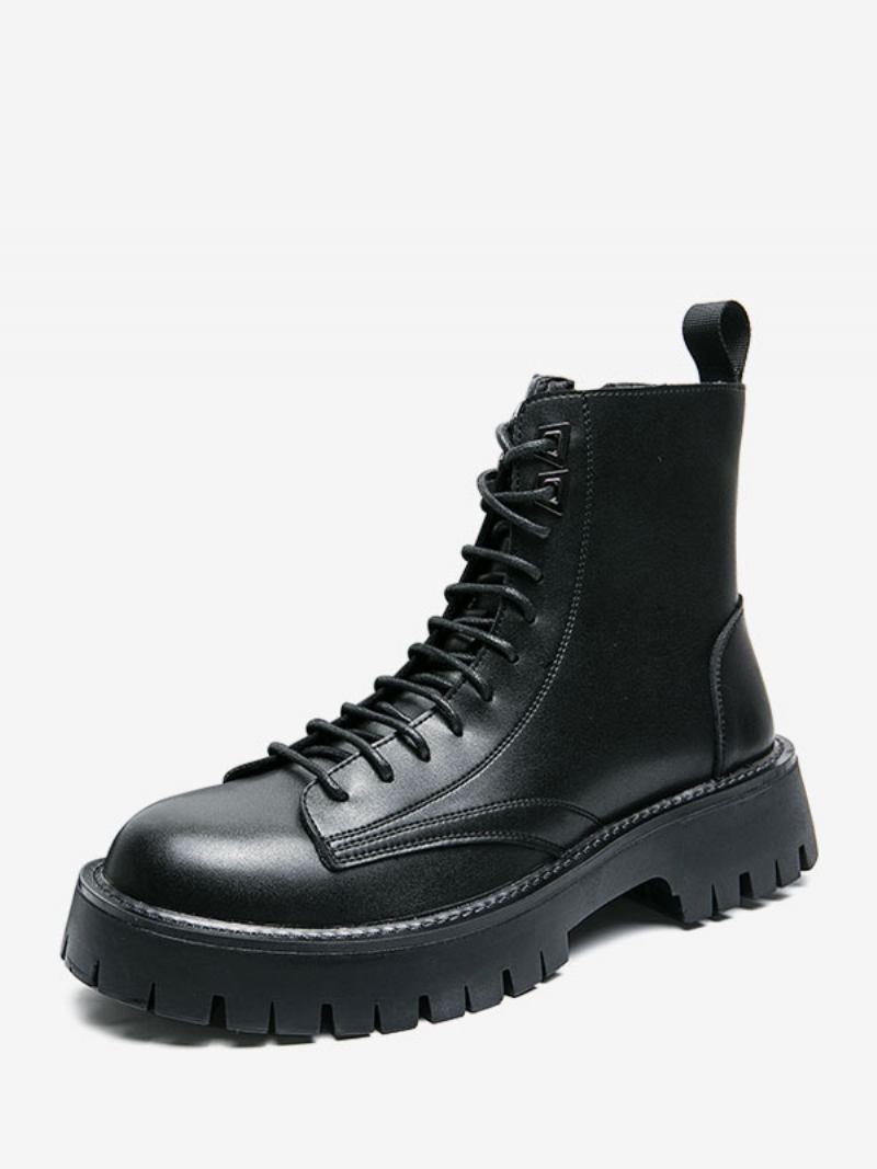 Botas Trabalho Masculinas Combate Couro Pu Preto Com Bico Redondo