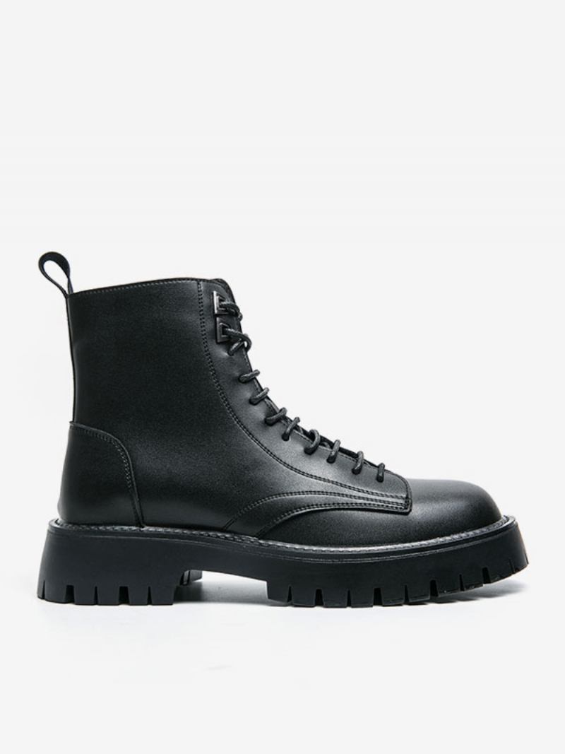 Botas Trabalho Masculinas Combate Couro Pu Preto Com Bico Redondo - Preto