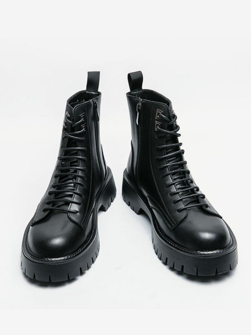 Botas Trabalho Masculinas Combate Couro Pu Preto Com Bico Redondo - Preto