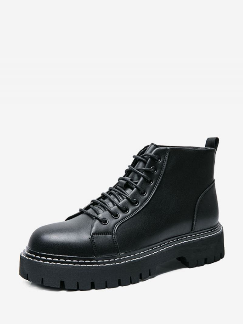 Botas Trabalho Masculinas Combate Couro Pu Preto Com Bico Redondo