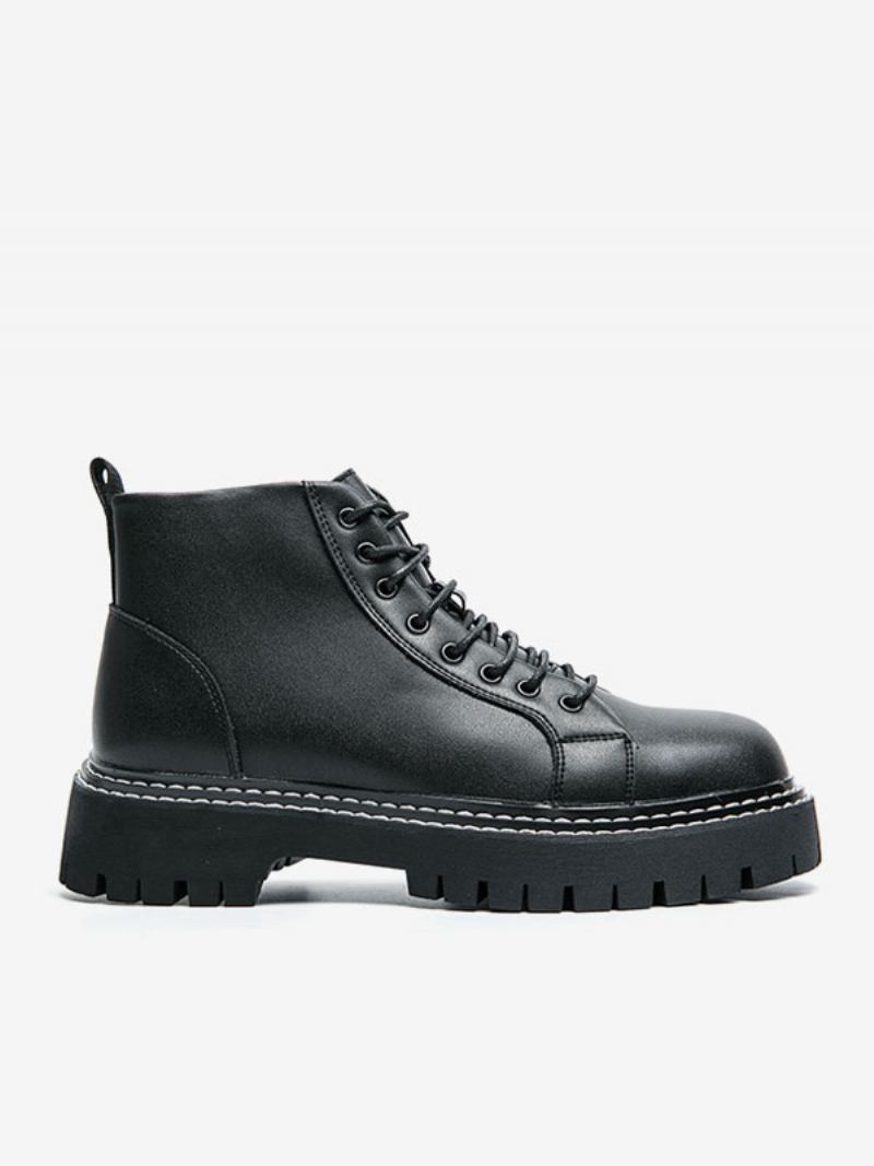 Botas Trabalho Masculinas Combate Couro Pu Preto Com Bico Redondo - Preto