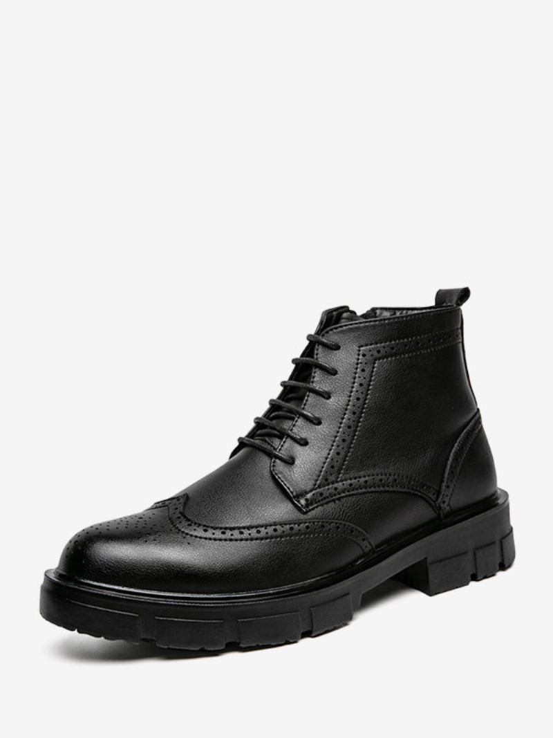 Botas Trabalho Masculinas Combate Couro Pu Preto Com Bico Redondo