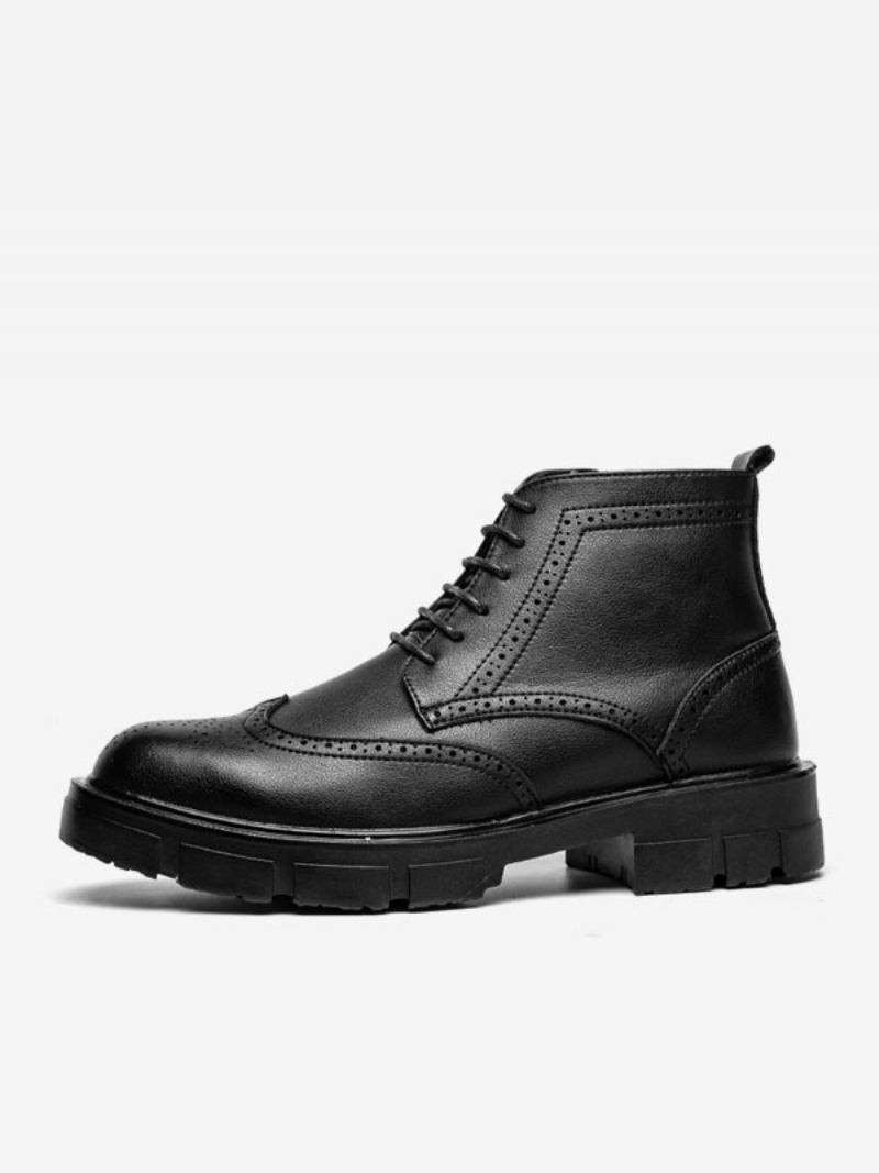 Botas Trabalho Masculinas Combate Couro Pu Preto Com Bico Redondo - Preto