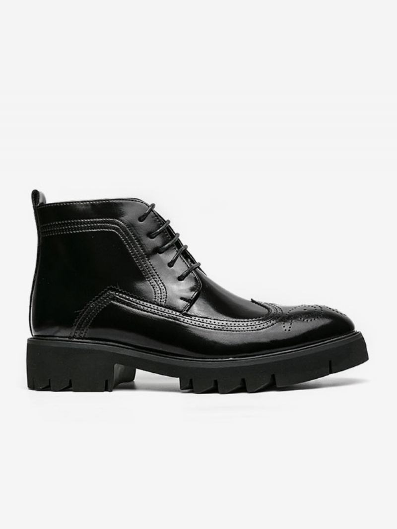 Botas Trabalho Masculinas Combate Couro Pu Preto Com Bico Redondo - Preto