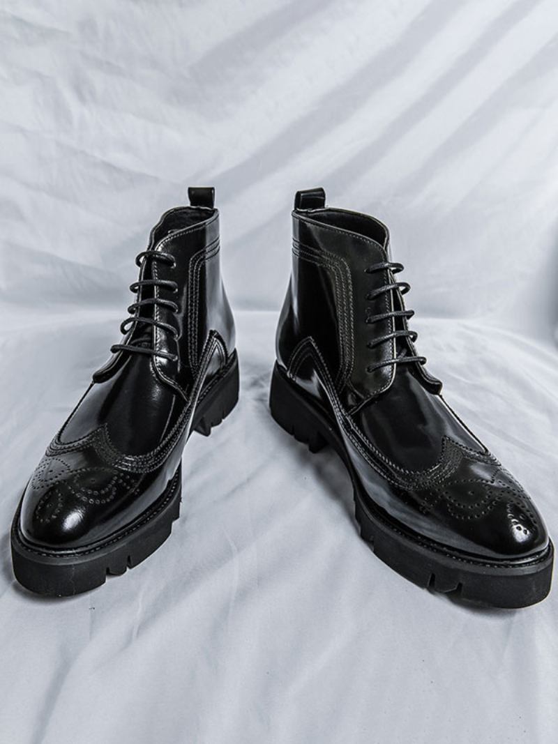 Botas Trabalho Masculinas Combate Couro Pu Preto Com Bico Redondo - Preto