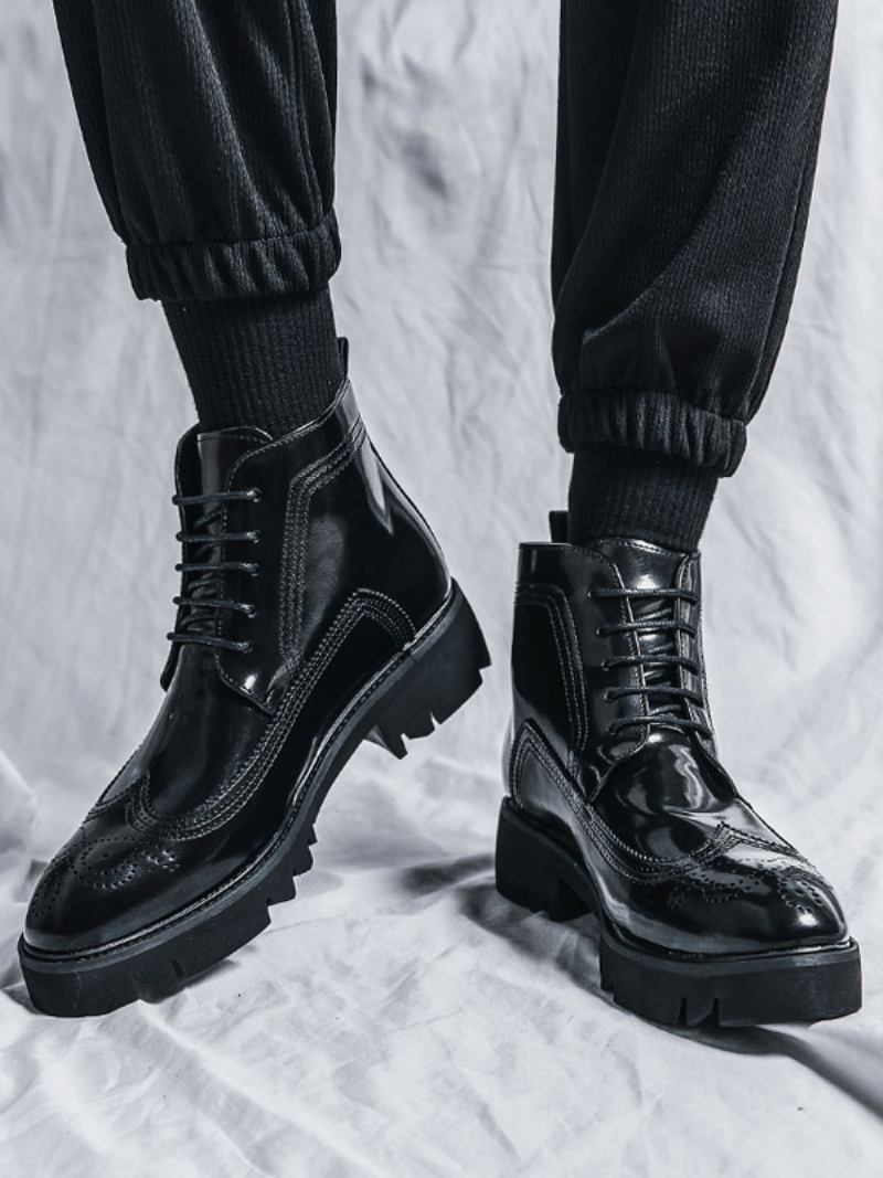 Botas Trabalho Masculinas Combate Couro Pu Preto Com Bico Redondo - Preto