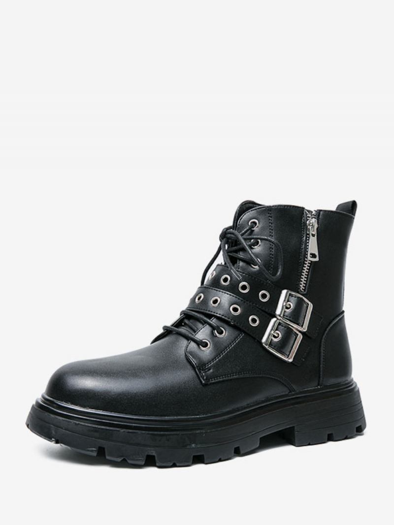 Botas Trabalho Masculinas Combate Couro Pu Preto Com Bico Redondo