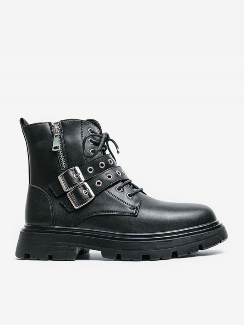 Botas Trabalho Masculinas Combate Couro Pu Preto Com Bico Redondo - Preto