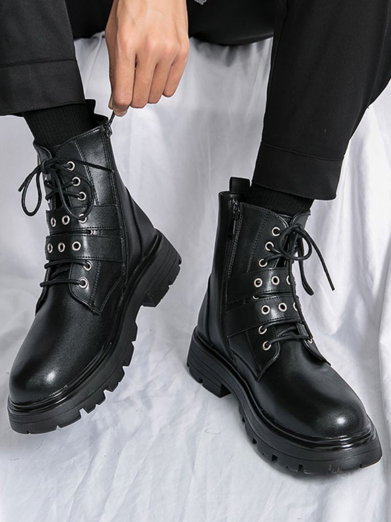 Botas Trabalho Masculinas Combate Couro Pu Preto Com Bico Redondo - Preto