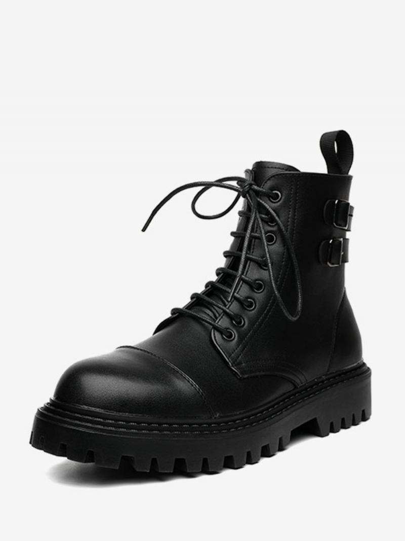 Botas Trabalho Masculinas Combate Couro Pu Preto Com Bico Redondo